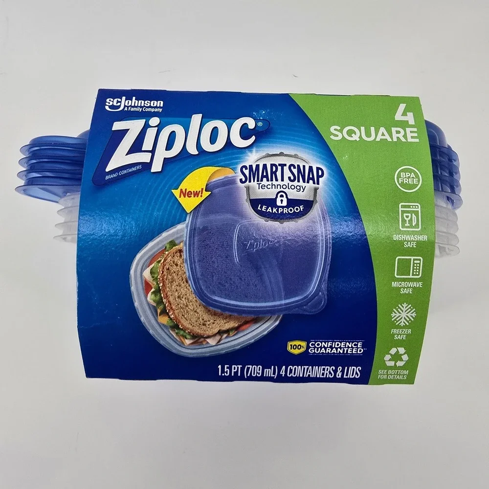 Ziploc Smart Snap 4 Count Square Food Storage Containers 1.5 PT Blue New